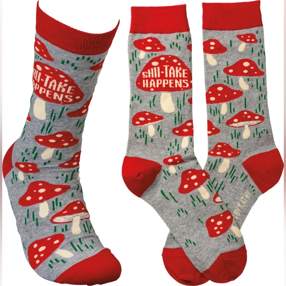 Primitives By Kathy Shiitake Happens Funny Red Mushroom Socks Unisex BNWT